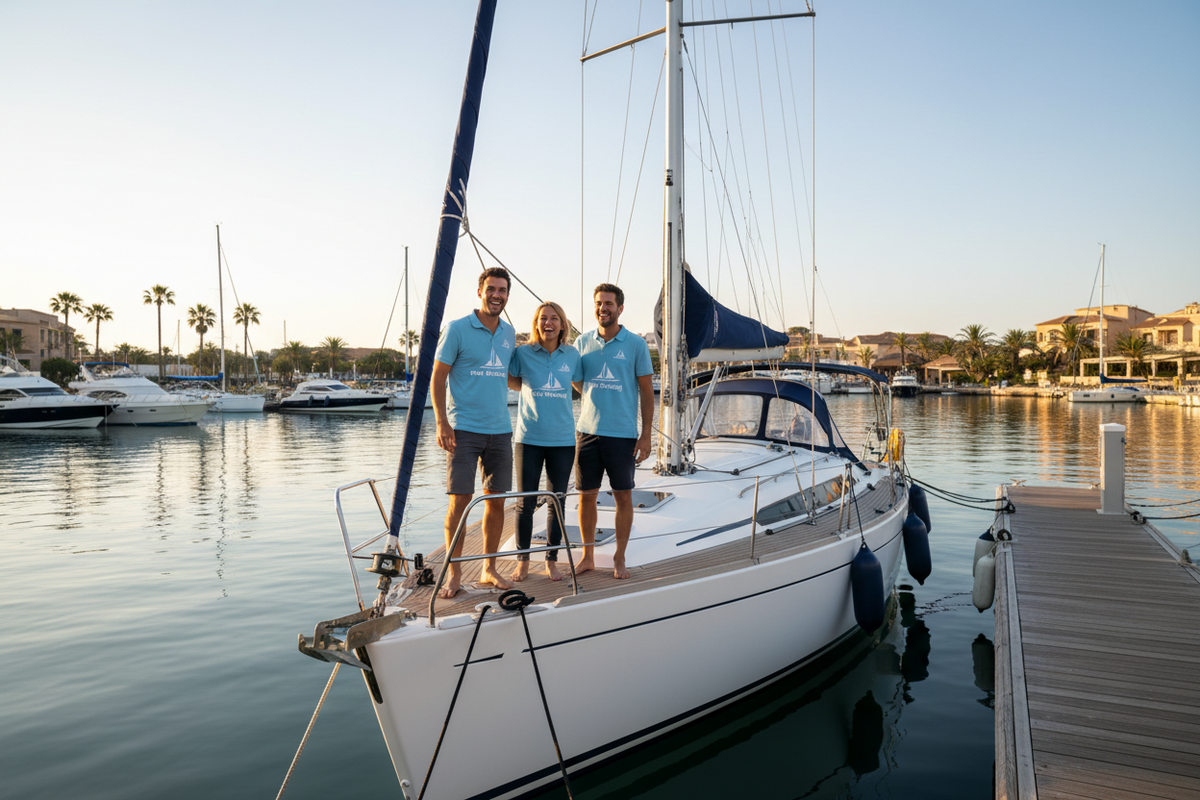 Drei Crewmitglieder in gleichen Shirts an einer Segelyacht im Hafen